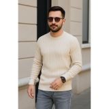 Erkek Bisiklet Yuvarlak Yaka Triko Kazak Pamuklu Kalın Fitilli Dokuma, Regular Fit Uzun Kollu Kışlık Model - Bej - XL