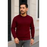 Erkek Bisiklet Yuvarlak Yaka Triko Kazak Pamuklu Kalın Fitilli Dokuma, Regular Fit Uzun Kollu Kışlık Model - Bordo - XL
