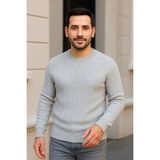 Erkek Bisiklet Yuvarlak Yaka Triko Kazak Pamuklu Kalın Fitilli Dokuma, Regular Fit Uzun Kollu Kışlık Model - Gri