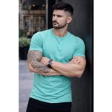 Erkek Body Tişört Bisiklet Yaka Slim Fit Likralı T-Shirt - Turkuvaz