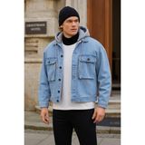 Erkek Bol Cep Oversize Kapşonlu B.mavi Kot Ceket - 2XL