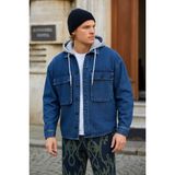 Erkek Bol Cepli Oversize Kapşonlu Mavi Kot Ceket - XL