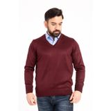 Erkek Bordo İnce Yün Triko V Yaka Triko Kazak