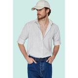 Erkek Casual Keten Karışımlı Çizgili Gömlek Regular Fit Yaka Uzun Kollu Yaz Aylarının Vazgeçilmezi - Lacivert