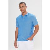 Erkek Çekmeyen Pamuklu Kumaş Slim Fit Dar Kesim Saks-Beyaz Kıvrılmaz Polo Yaka Tişört