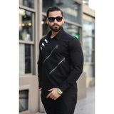Erkek Çift Fermuar Aksesuarlı Asimetrik Düğme Detaylı Slim Fit Gömlek - 2XL - Siyah