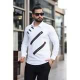 Erkek Çift Fermuar Aksesuarlı Asimetrik Düğme Detaylı Slim Fit Gömlek - XL - Beyaz