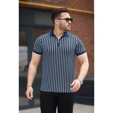 Erkek Çizgili Fermuar Yakalı Kısa Kollu Tişört - Lacivert-Beyaz - 2XL