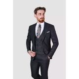 Erkek Çizgili Yelekli Slim Fit Takım Elbise 6566-Siyah