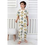 Erkek Çocuk %100 Pamuk Baskılı Pijama Takımı – Kısa Kollu, Sevimli Desenler - Bej