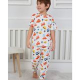 Erkek Çocuk %100 Pamuklu Araba Desenli Pijama Takımı - 7 - 8 Yaş - Beyaz