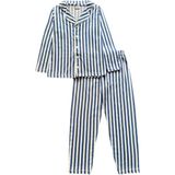 Erkek Çocuk %100 Pamuklu Mavi Beyaz Çizgili Gömlek Yaka Boydan Düğmeli Uzun Kollu Pijama Takımı - 5 Yaş - 00404 Mavi