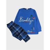 Erkek Çocuk %100 Pamuklu Mavi Brooklyn Yazı Desenli Altı Ekose Uzun Kollu Mevsimlik Pijama Takımı - 5 Yaş
