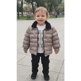 Erkek Çocuk 3’lü Kombin Set - Kürklü Şişme Mont, Baskılı Body ve Jean Pantolon Takım - Vizon - Siyah - 4 Yaş