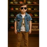 Erkek Çocuk 3'lü Takım – Denim Ceket + Astronot Baskılı Tişört + Hardal Pantolon - 5 - 6 Yaş - Beyaz