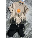 Erkek Çocuk Ağaç ve Güneş Baskılı T-Shirt Yazı Detaylı Bej Şortlu Takım - 7 - 8 Yaş
