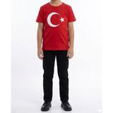 Erkek Çocuk Ay Yıldız Türk Bayraklı Kısa Kollu Tişört Kırmızı