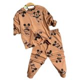 Erkek Çocuk Ayıcık Baskı Bilekleri ve Beli Lastikli Likralı Kazak Kahverengi Pijama Takım