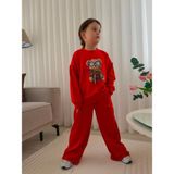 Erkek Çocuk Ayıcık Baskılı Eşofman Takımı Kırmızı Sweatshirt Bol Paça Pantolon - 5 - 6 Yaş - 000-Kırmızı