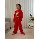 Erkek Çocuk Ayıcık Baskılı Eşofman Takımı Kırmızı Sweatshirt Bol Paça Pantolon - 9 - 10 Yaş - 000-Kırmızı