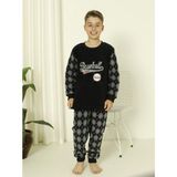Erkek Çocuk Baklava Desenli Yumuşak Kalın Kışlık Aplike Nakışlı Polar Pijama Takımı - Siyah - 5 Yaş