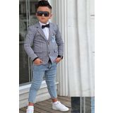 Erkek Cocuk Cizgili Blazer Ceket Kot Pantolon Mavi Alt Ust Takim