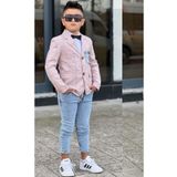 Erkek Çocuk Çizgili Blazer Ceket Kot Pantolon Pudra Şeker Alt Üst Takım - 9 - 10 Yaş - Pembe
