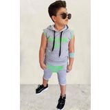 Erkek Çocuk Fashıon Boy Yazı Baskılı Kapişonlu Kolsuz Sweatshirt Gri Şortlu Takım