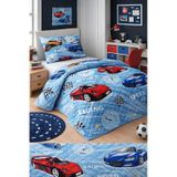 Erkek Çocuk Genç Pike Yatak Örtüsü Takımı Araba Desen Kapitone Pamuklu 4 Mevsim Çarşafsız 160x230 Mavi