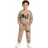 Erkek Çocuk Hej Yazı Desenli Kolları Eşofman Altı Şerit Detaylı Açık Kahverengi Renk Eşofman Takımı - 7 Yaş