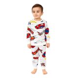 Erkek Çocuk İki İplik Pamuklu Şardonlu Beyaz Renk Araba Desenli Uzun Kollu Pijama Takımı (Beyaz, 5-6 yaş)