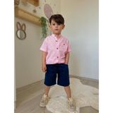 Erkek Çocuk Keten Gömlek ve Şort Takımı - Pembe - Lacivert - 9 – 10 Yaş