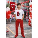 Erkek Çocuk Kırmızı Beyaz Kombin Takım Baskılı Tişört Pantolon 5-13 Yaş Okul Bayram Etkinlik