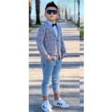 Erkek Çocuk Kırmızı Çizgili Blazer Ceket Kot Pantolon Alt Üst Takım - 13 - 14 Yaş - Gri