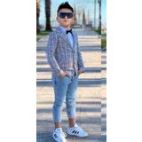 Erkek Çocuk Kırmızı Çizgili Blazer Ceket Kot Pantolon Alt Üst Takım