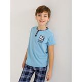 Erkek Çocuk Kısa Kollu Düğme Detaylı %100 Pamuklu Pijama Takımı Be - Mavi - 5 - 6 Yaş