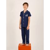 Erkek Çocuk Kısa Kollu Düğmeli %100 Pamuklu Pijama Takımı The King - Lacivert - 9 - 10 Yaş