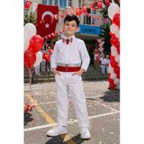 Erkek Çocuk Kuşaklı Papyonlu Beyaz Gömlek Pantolon Takım Okul Bayram Etkinlik 5-13 Yaş