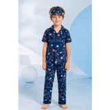 Erkek Çocuk Lacivert Uzay Temalı Düğmeli Pijama Takımı Yazlık Pamuklu Kısa Kollu Uyku Bantlı