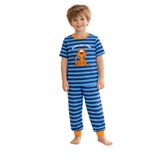 Erkek Çocuk Pamuklu Çizgili Baskılı Kısa Kollu Uzun Alt Pijama Takımı Mavi - Turuncu