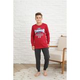 Erkek Çocuk Pamuklu Penye Kumaş Kırmızı-Füme Renk Yazı Detaylı Pijama Takımı - 10 Yaş