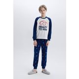 Erkek Çocuk Polar Pijama Takımı Bisiklet Yaka Baskılı Uzun Kollu Üst Beli Lastikli Uzun Alt