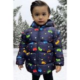 Erkek Çocuk Polarlı Kapüşonlu Araba Yıldız Ay Desenli Kışlık Şişme Mont & Kaban & Parka - Lacivert