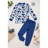 Erkek Çocuk Premium Penye İş Makinesi Desenli Uzun Kollu Pijama Takımı 2-11 Yaş - Mavi