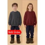Erkek Çocuk Rahat Kalıp Cep Detaylı 2’li içi polarlı Sweatshirt Bordo-Antrasit