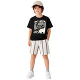 Erkek Çocuk Takım Dino Pamuk T-Shirt Ve Çizgili Keten Görünümlü Yazlık Şort