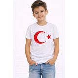 Erkek Çocuk Tişört Bisiklet Yaka Ay Yıldız Bayrak Baskılı T-Shirt - Beyaz - 4 Yaş