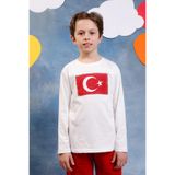 Erkek Çocuk Türk Bayrak Baskılı Uzun Kollu Tişört Beyaz