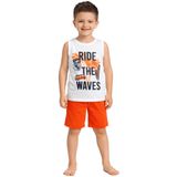 Erkek Çocuk Turuncu Şortlu Yazlık Takım – Baskılı Atlet Tişört 2’li Set (Ride The Waves) (Ekru - Turuncu, 7-8 Yaş)