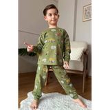Erkek Çocuk Üzerinde Fil ve Papağan Digital Baskılı Yeşil Pijama Takımı